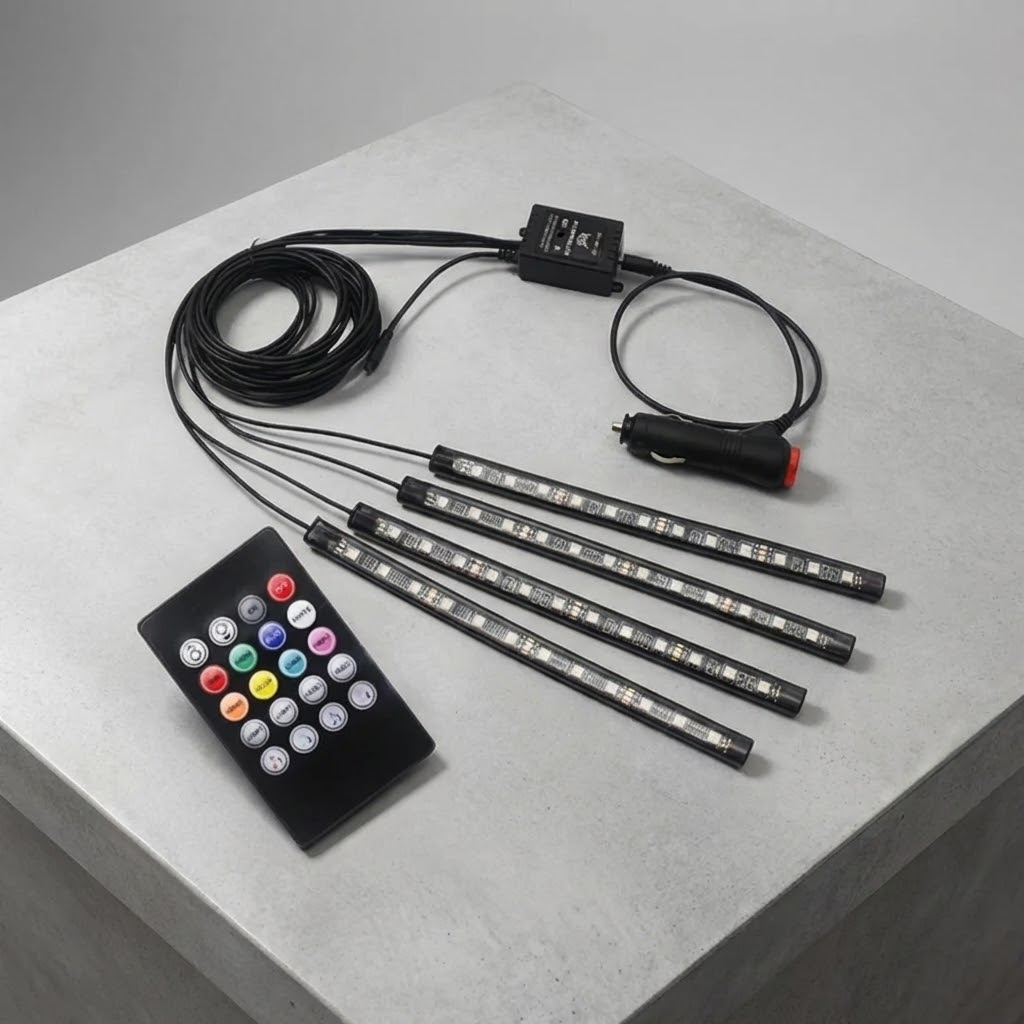 LED Interior Pilot Light Bar – 4 Tiras 12 LEDs RGB com Comando