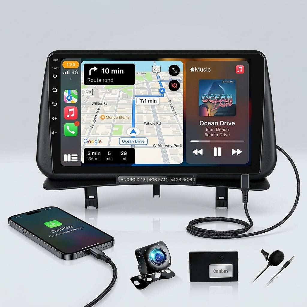 Rádio Android 13 BKAP D1P7H 4+64G – Renault Clio 3 (2005-2014) | 9” Ecrã Tátil | CarPlay & Android Auto | Câmara Traseira