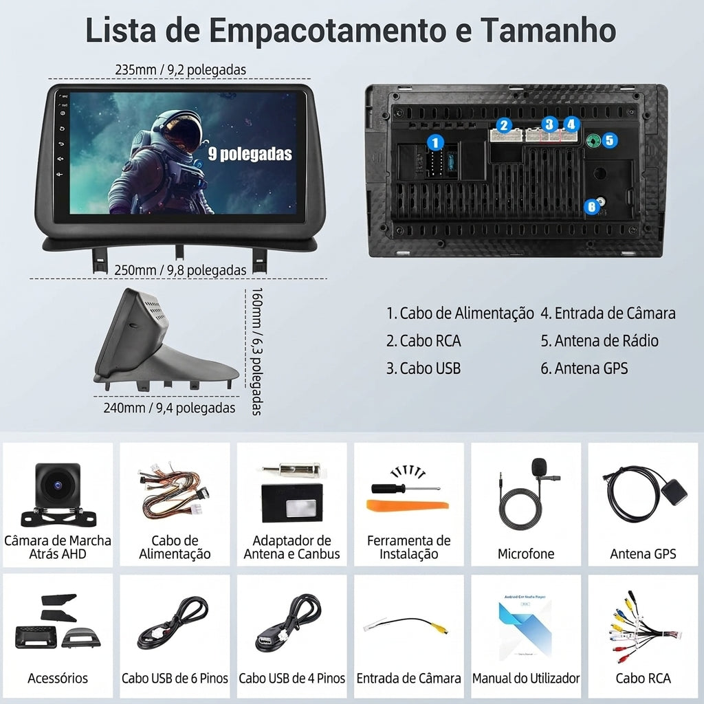 Rádio Android 13 BKAP D1P7H 4+64G – Renault Clio 3 (2005-2014) | 9” Ecrã Tátil | CarPlay & Android Auto | Câmara Traseira