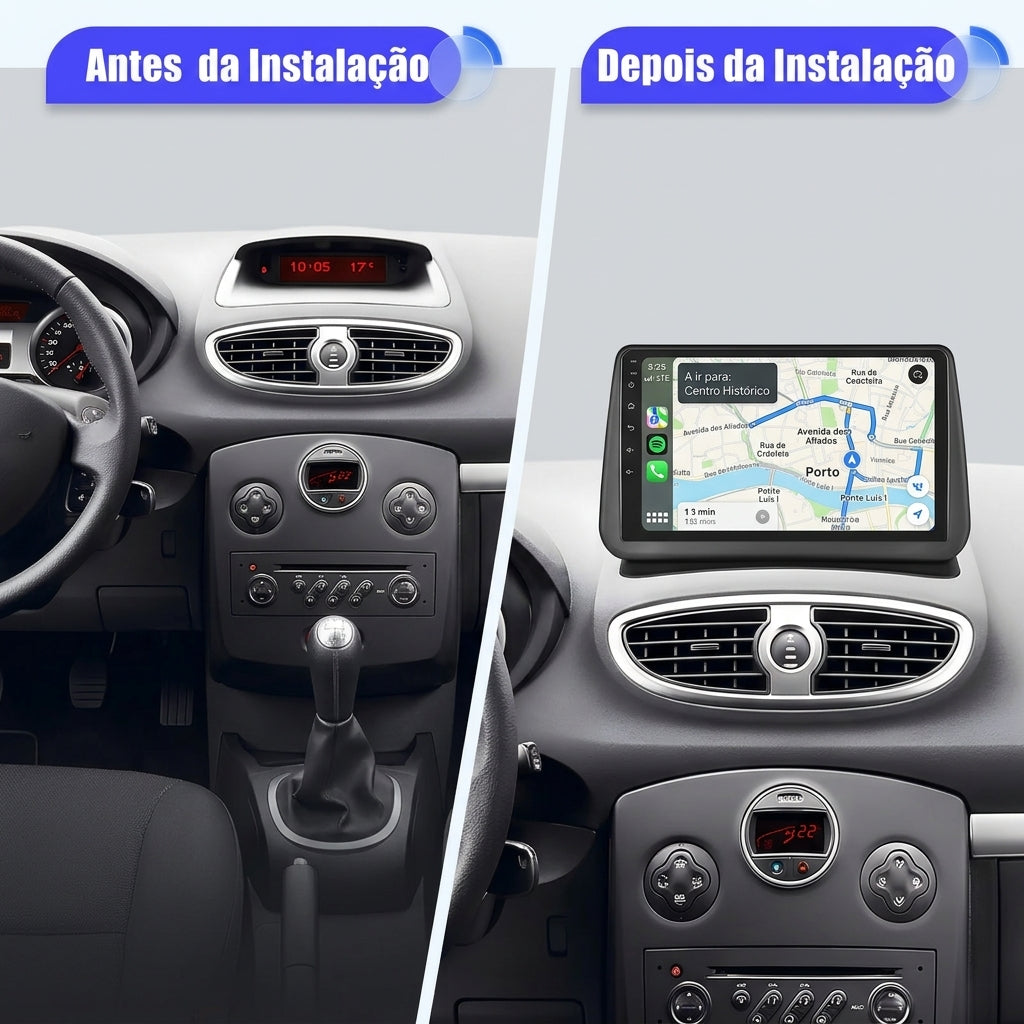 Rádio Android 13 BKAP D1P7H 4+64G – Renault Clio 3 (2005-2014) | 9” Ecrã Tátil | CarPlay & Android Auto | Câmara Traseira