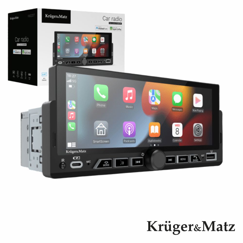 Auto-Rádio 1DIN Kruger&Matz KM2017 – 6.86" Touch, 4x60W, CarPlay & Android Auto