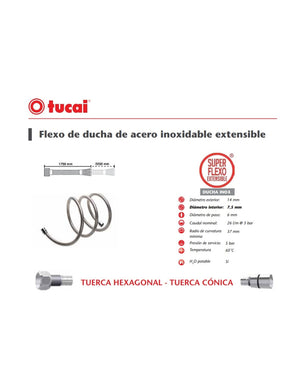 Bicha de Chuveiro em Inox Ajustável (1750-2300mm) - Tucai 4115