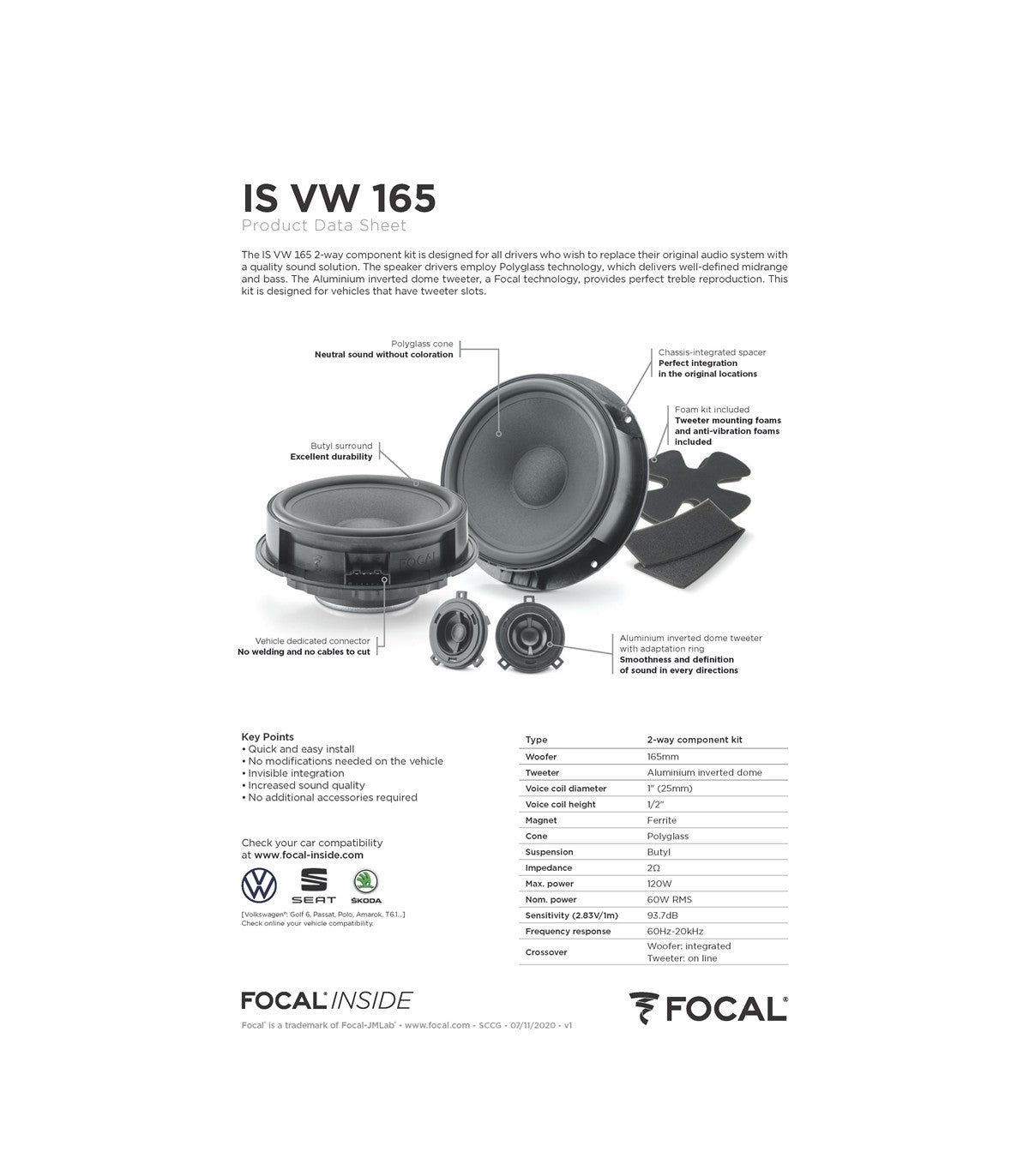 Focal IS VW 165 – Kit 2 Vias Específico para Seat, Skoda e Volkswagen