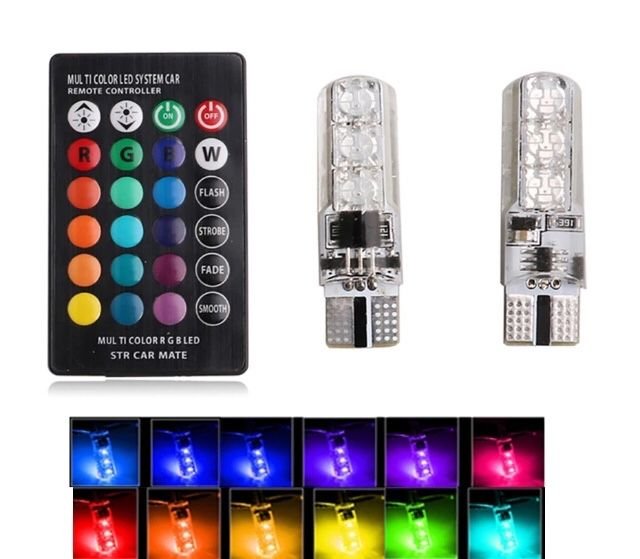Lampadas T10 RGB LED Multi Color Com Comando