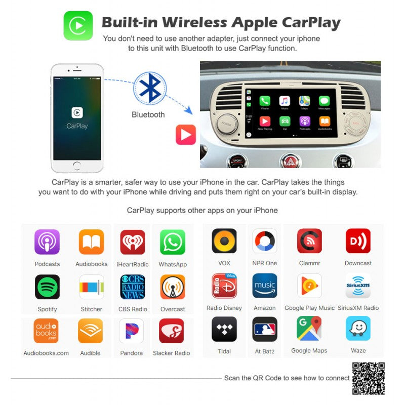 Radio CarPlay Android Auto Bluetooth USB Fiat 500