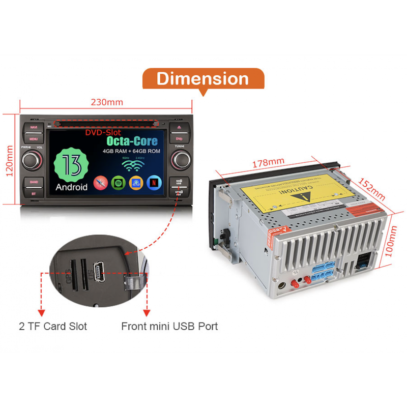 Radio CarPlay Android Auto Bluetooth USB Ford Fiesta Focus Fusion Galaxy Kuga Transit