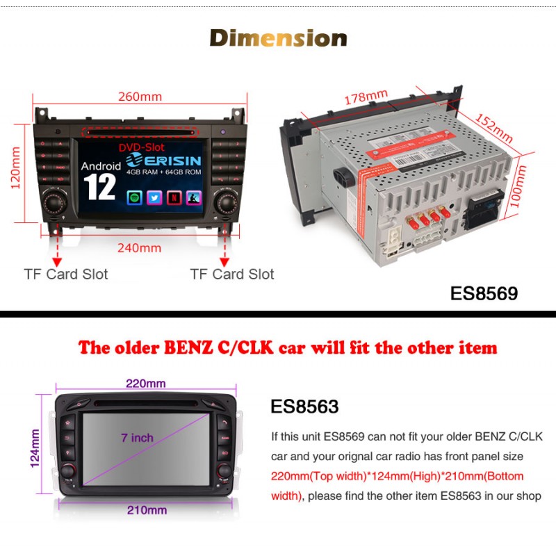 Rádio Android 13 para Mercedes Classe C ZLINK CarPlay & Android Auto | 7” Tátil | GPS | Wi-Fi | Plug & Play