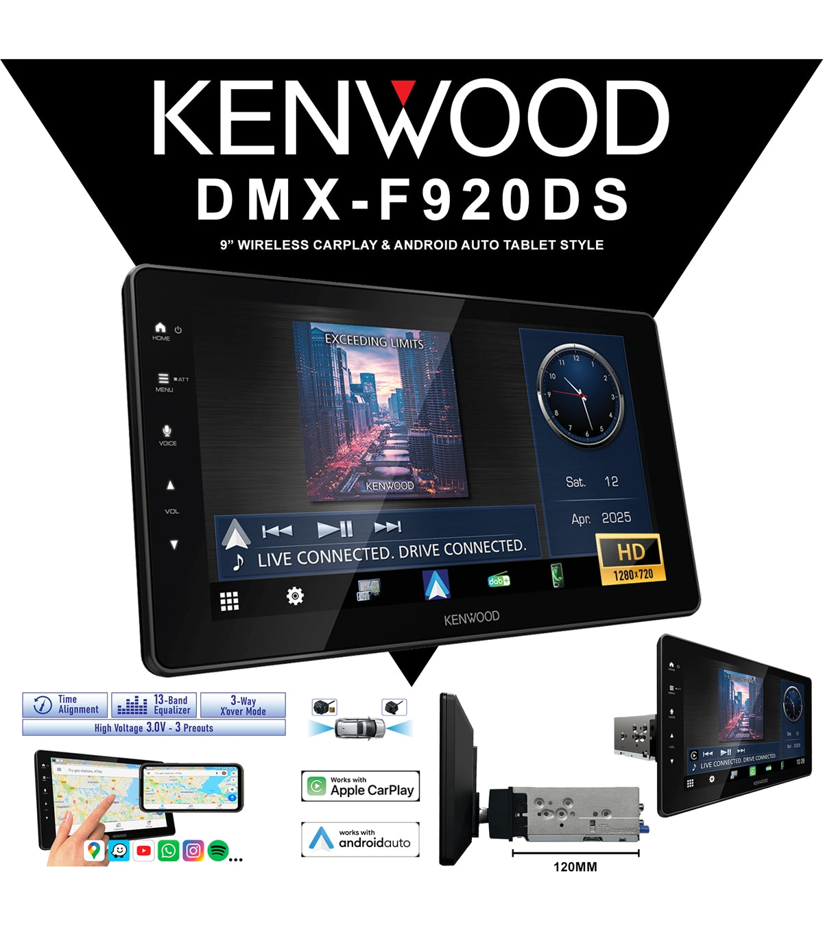 Kenwood DMX-F920DS – Ecrã Flutuante HD 9" com CarPlay/Android Auto (Wireless e Cabo) + DAB+