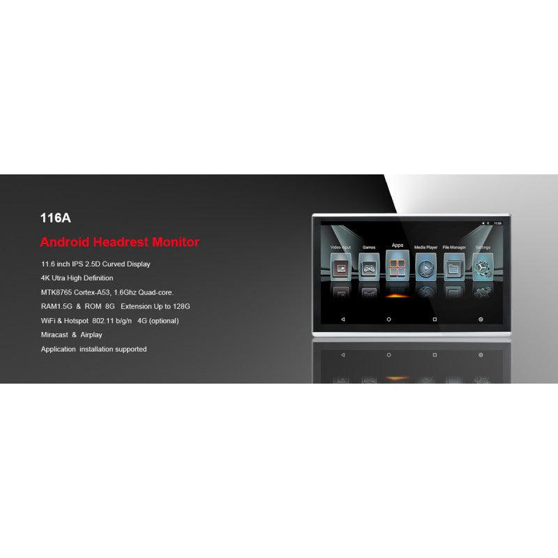 Tablet Monitor Traseiro Android 11.6" (Par) – USB, Wi-Fi, Miracast, AirPlay